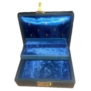 Vintage Green Jewelry Box Navy Blue Velvet Lined Gold Trim No Key 7.5”